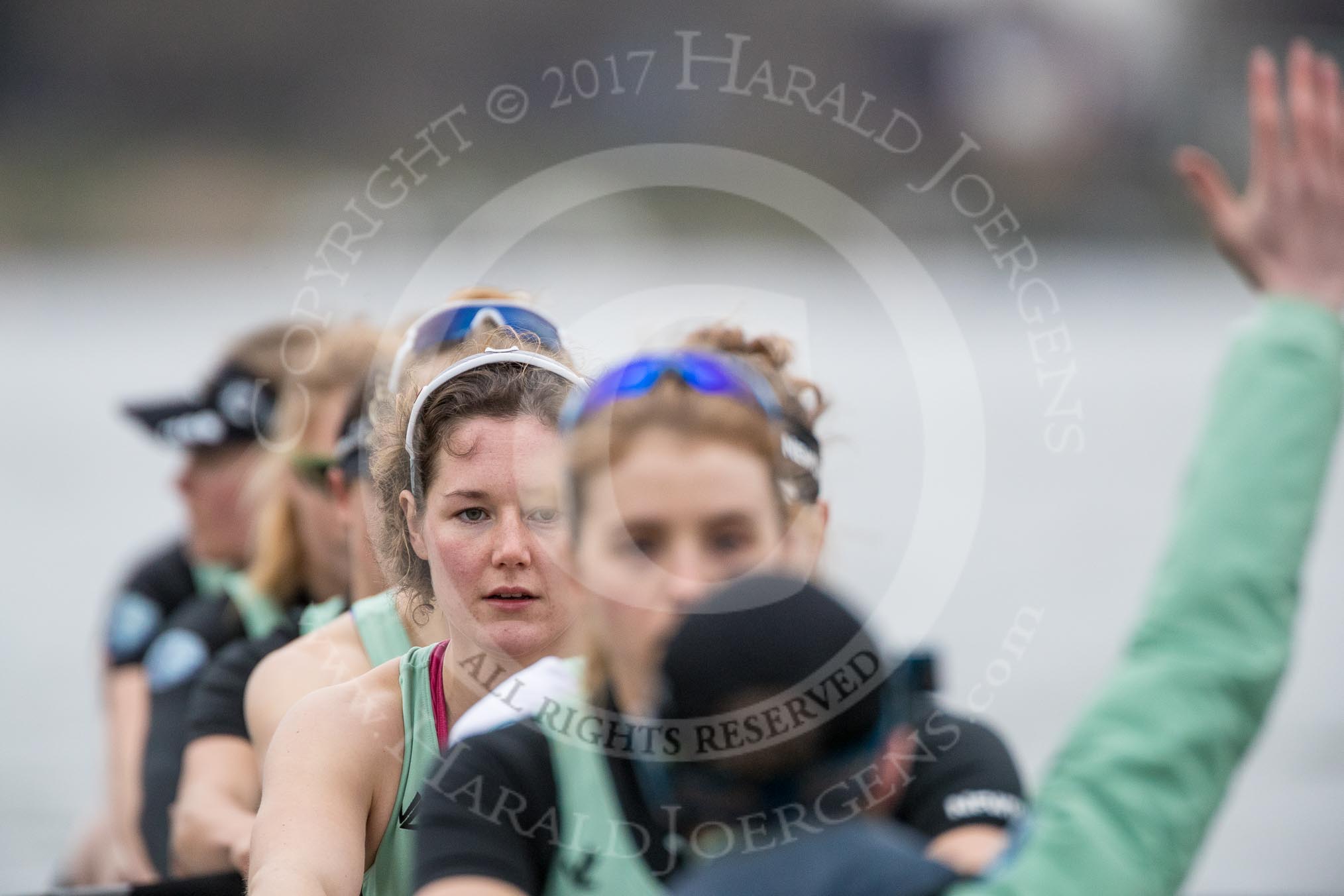 The Boat Race season 2017 - Women's Boat Race Fixture CUWBC vs Univerity of London: The CUWBC eight seconds before the start of the race, cox - Matthew Holland, stroke - Alice White, 7 - Myriam Goudet, 6 - Melissa Wilson, 5 - Holy Hill, 4 - Imogen Grant, 3 - Ashton Brown, 2 - Kirsten Van Fosen, bow - Claire Lambe, in focus Melissa Wilson.
River Thames between Putney Bridge and Mortlake,
London SW15,

United Kingdom,
on 19 February 2017 at 16:01, image #59