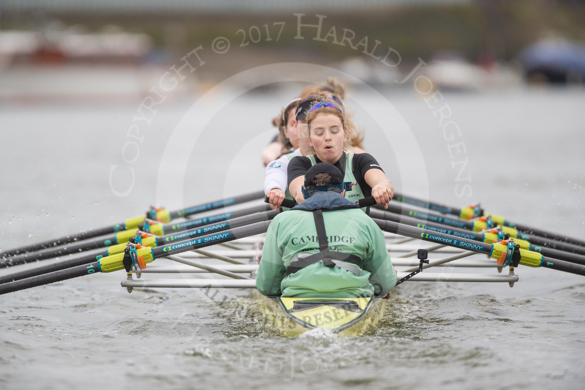 The Boat Race season 2017 - Women's Boat Race Fixture CUWBC vs Univerity of London: The CUWBC eight at the start of the race, cox - Matthew Holland, stroke - Alice White, 7 - Myriam Goudet, 6 - Melissa Wilson, 5 - Holy Hill, 4 - Imogen Grant, 3 - Ashton Brown, 2 - Kirsten Van Fosen, bow - Claire Lambe.
River Thames between Putney Bridge and Mortlake,
London SW15,

United Kingdom,
on 19 February 2017 at 16:01, image #66