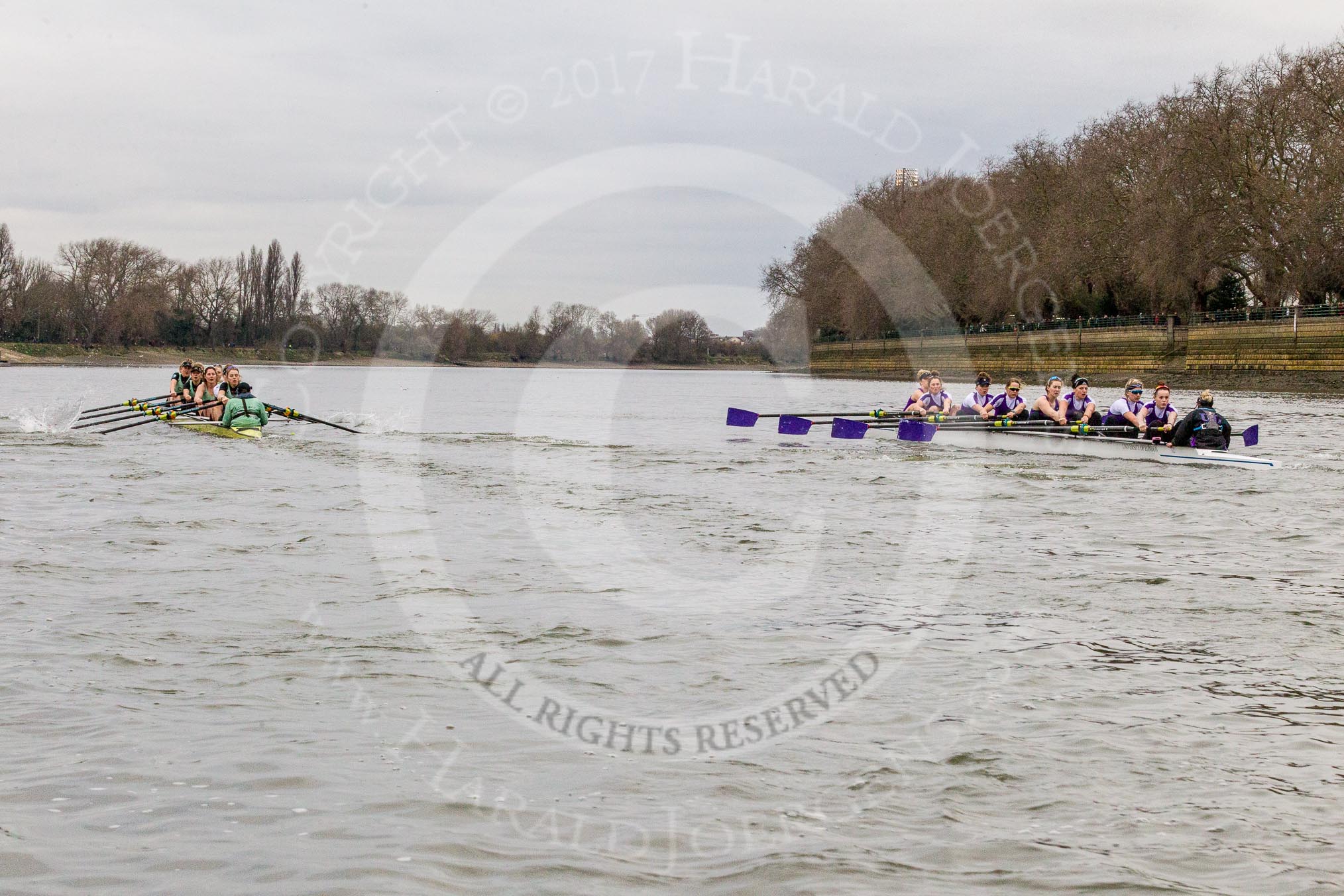 The Boat Race season 2017 - Women's Boat Race Fixture CUWBC vs Univerity of London: The CUWBC boat is taking the lead near the boat houses.
River Thames between Putney Bridge and Mortlake,
London SW15,

United Kingdom,
on 19 February 2017 at 16:02, image #70