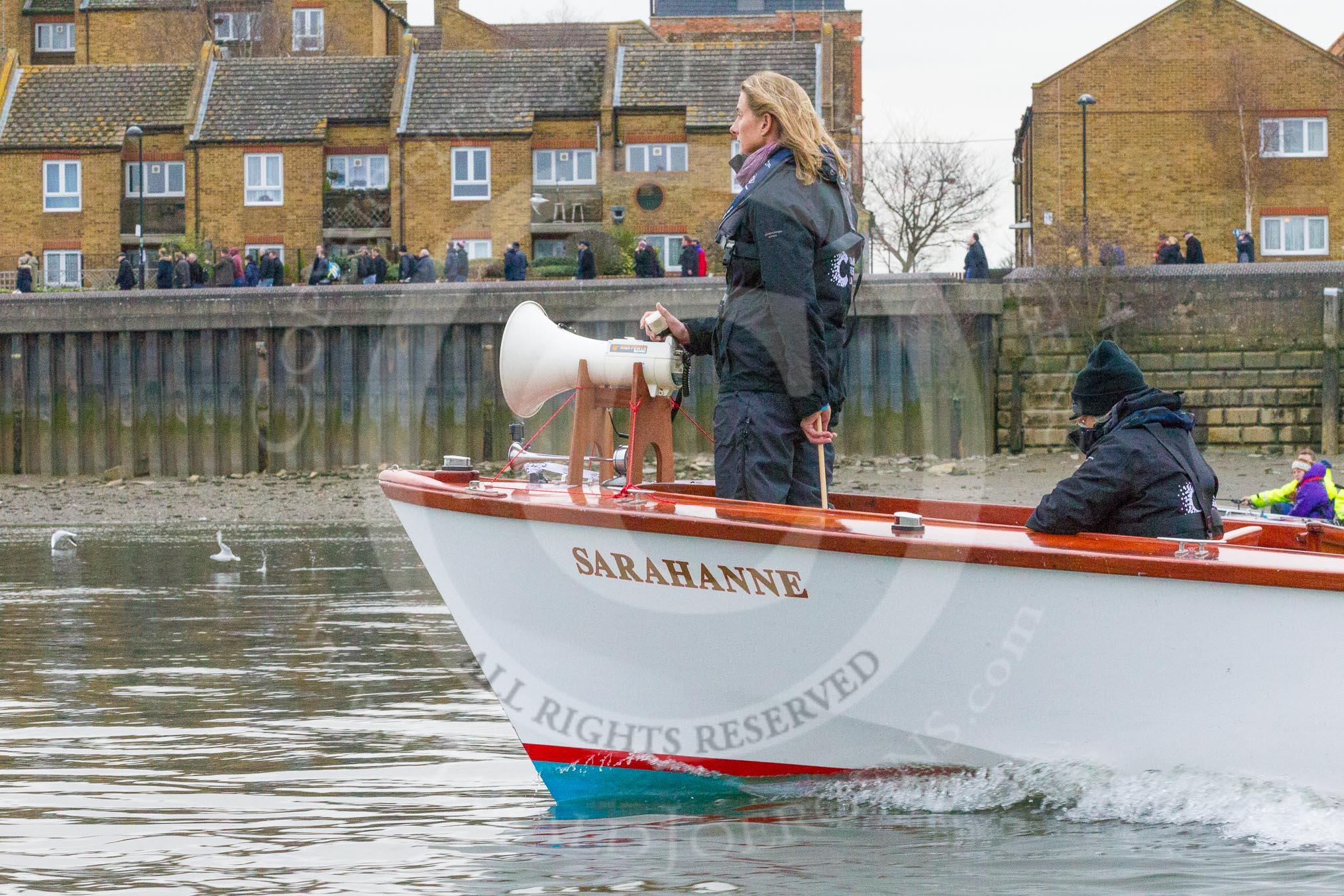 The Boat Race season 2017 - Women's Boat Race Fixture CUWBC vs Univerity of London: Race umpire Sarah Winckless.
River Thames between Putney Bridge and Mortlake,
London SW15,

United Kingdom,
on 19 February 2017 at 16:06, image #90