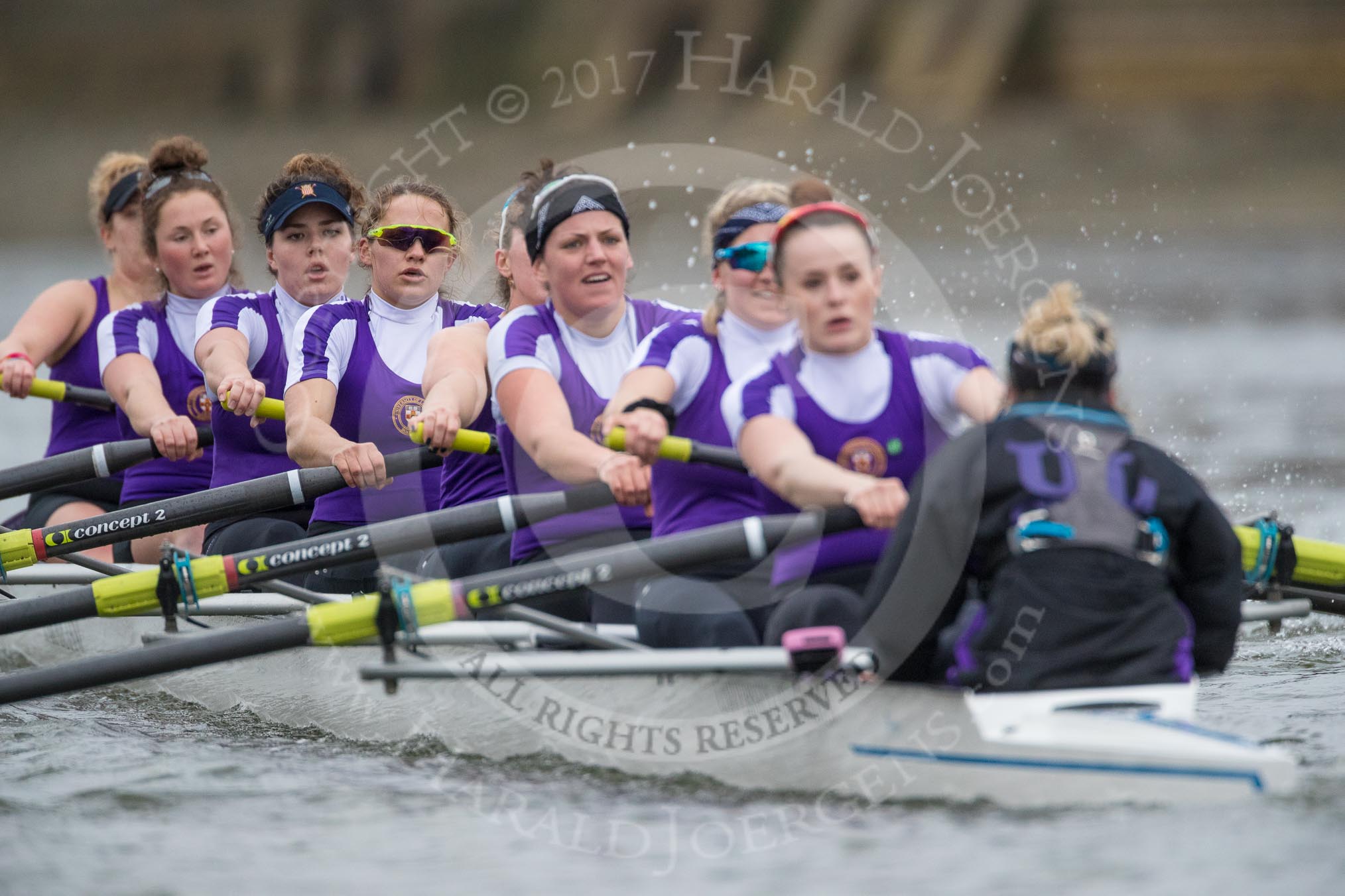 The Boat Race season 2017 - Women's Boat Race Fixture CUWBC vs Univerity of London: The UL eigth, cox - Lauren Holland, stroke - Robyn Hart-Winks, 7 - Ally French, 6 - Georgia Stratham, 5 - Charlotte Hodgkins-Byrne, 4 - Sara Parfett, 3 - Fionnuala Gannon, 2 - Catherine Ador, bow - Emily Wilks.
River Thames between Putney Bridge and Mortlake,
London SW15,

United Kingdom,
on 19 February 2017 at 16:08, image #93