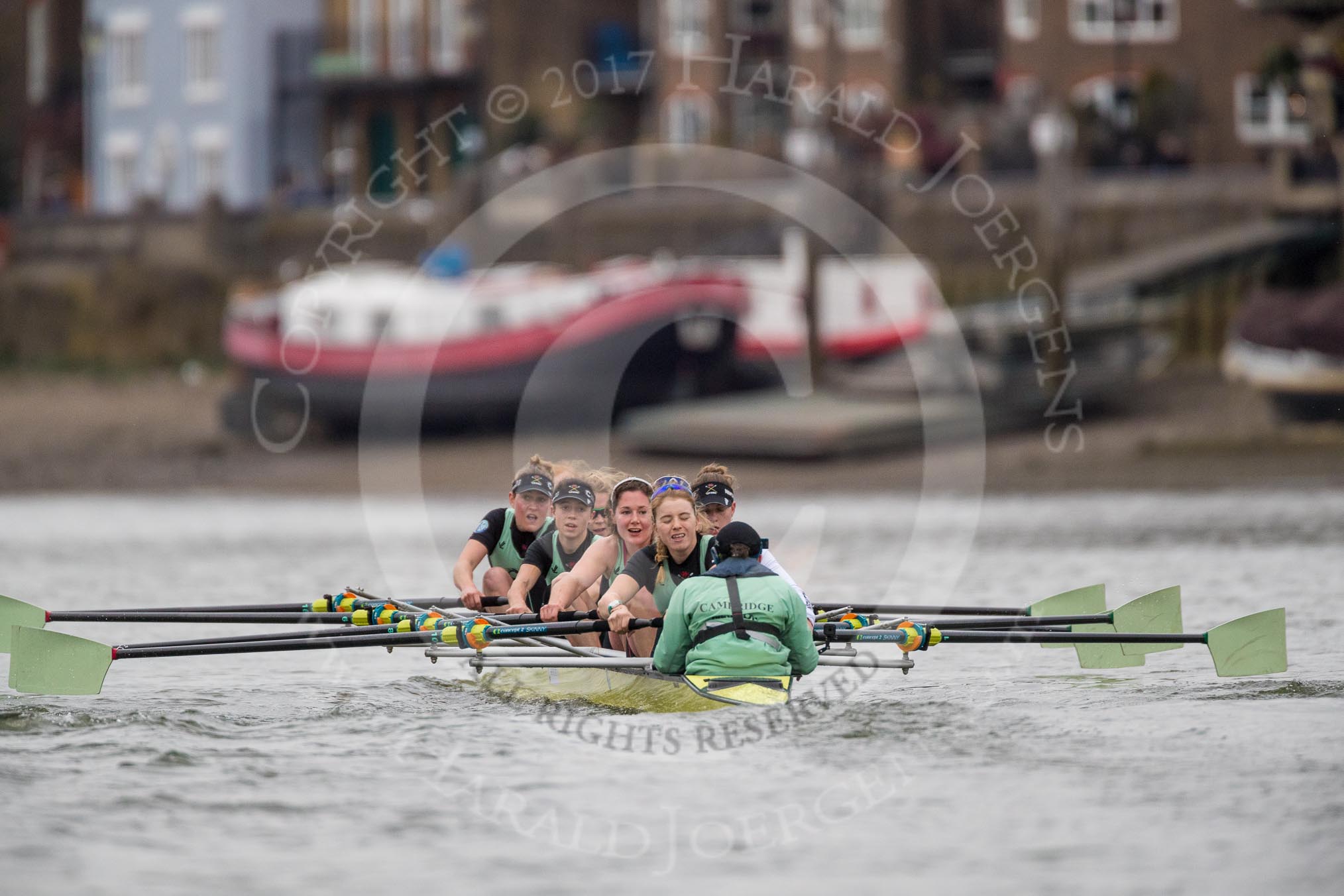 The Boat Race season 2017 - Women's Boat Race Fixture CUWBC vs Univerity of London: The CUWBC eight leading by more than one length on the approach to Hammersmith Bridge - cox - Matthew Holland, stroke - Alice White, 7 - Myriam Goudet, 6 - Melissa Wilson, 5 - Holy Hill, 4 - Imogen Grant, 3 - Ashton Brown, 2 - Kirsten Van Fosen, bow - Claire Lambe.
River Thames between Putney Bridge and Mortlake,
London SW15,

United Kingdom,
on 19 February 2017 at 16:08, image #94