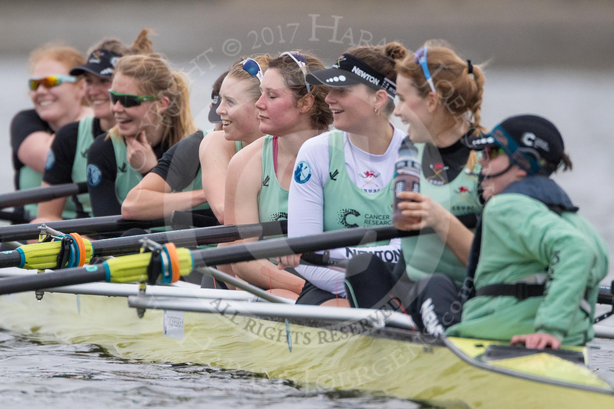 The Boat Race season 2017 - Women's Boat Race Fixture CUWBC vs Univerity of London: The first part of the fixture ended at Hammersmith Brdige, CUWBC (bow - Claire Lambe, 2 - Kirsten Van Fosen, 3 - Ashton Brown, 4 - Imogen Grant, 5 - Holy Hill, 6 - Melissa Wilson, 7 - Myriam Goudet, stroke - Alice White, cox - Matthew Holland) during a debrief from their coaches.
River Thames between Putney Bridge and Mortlake,
London SW15,

United Kingdom,
on 19 February 2017 at 16:14, image #103