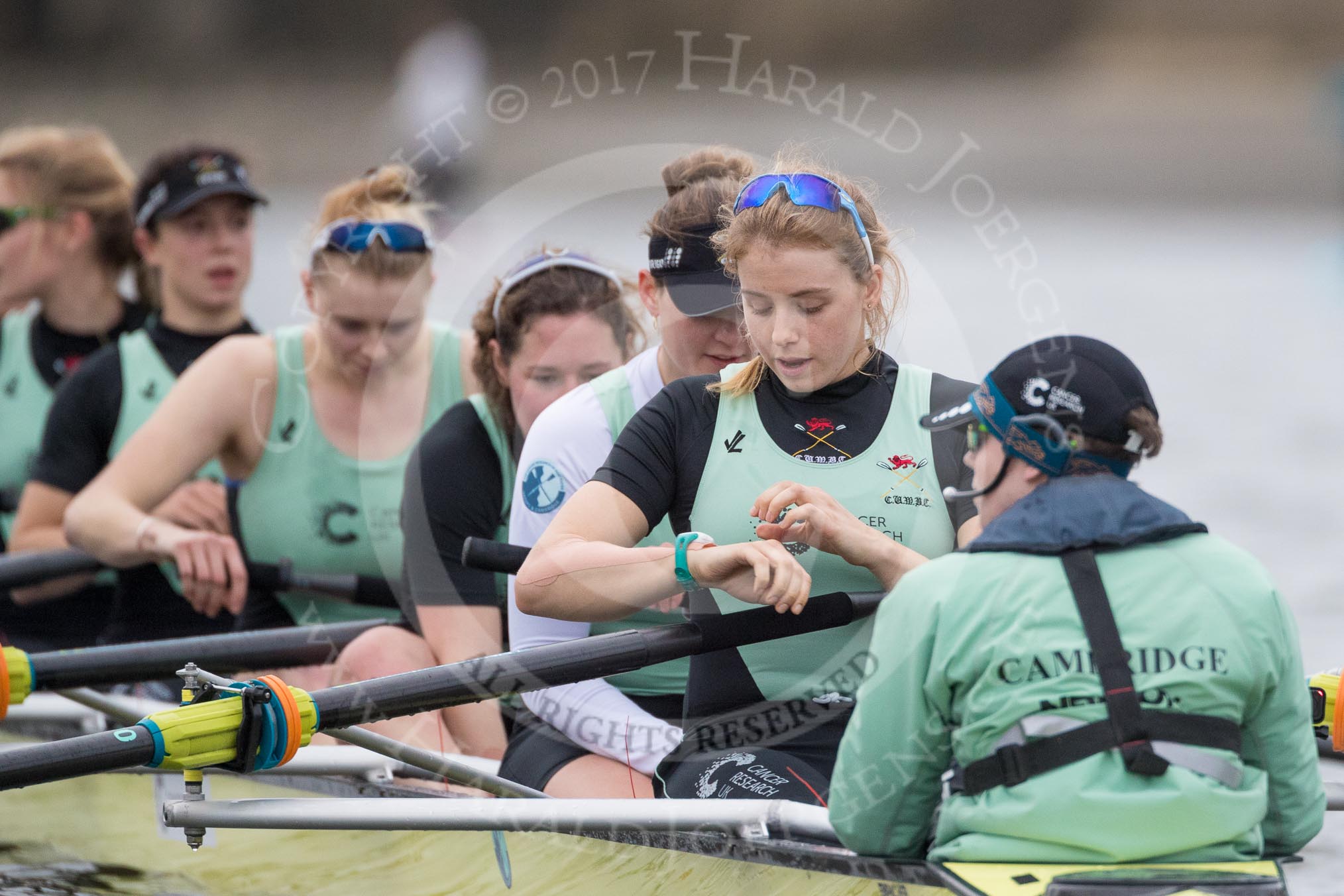 The Boat Race season 2017 - Women's Boat Race Fixture CUWBC vs Univerity of London: The CUWBC eight after winning the first piece of the fixture, bow - Claire Lambe, 2 - Kirsten Van Fosen, 3 - Ashton Brown, 4 - Imogen Grant, 5 - Holy Hill, 6 - Melissa Wilson, 7 - Myriam Goudet, stroke - Alice White, cox - Matthew Holland.
River Thames between Putney Bridge and Mortlake,
London SW15,

United Kingdom,
on 19 February 2017 at 16:16, image #105