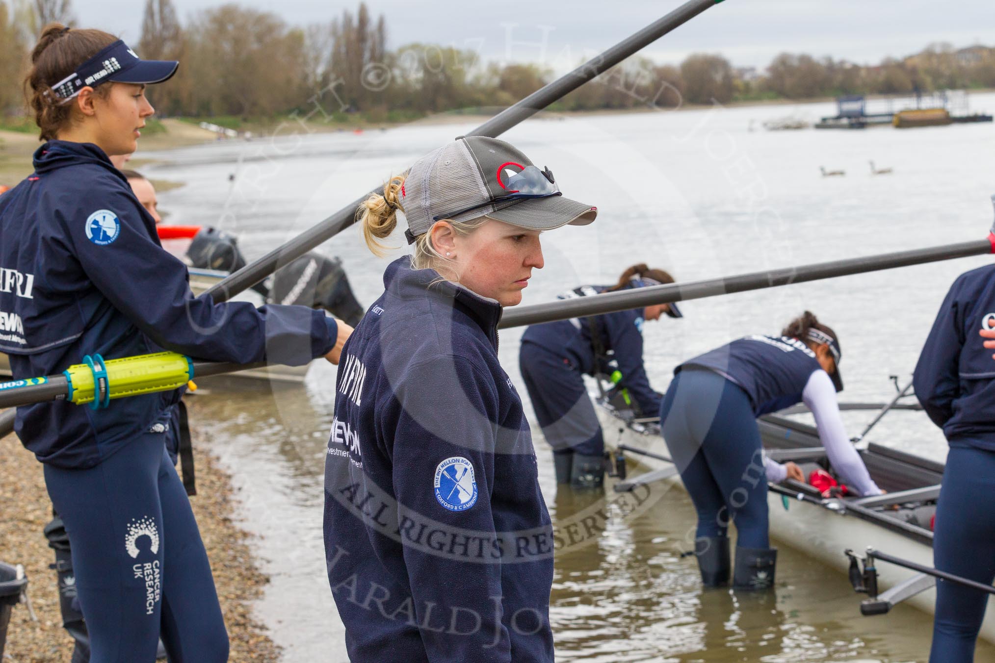 The Cancer Research UK Boat Race season 2017 - Women's Boat Race Fixture OUWBC vs Molesey BC: OUWBC head coach Ali Williams, befind her 3 seat Rebecca Te Water Naudé.
River Thames between Putney Bridge and Mortlake,
London SW15,

United Kingdom,
on 19 March 2017 at 15:18, image #7