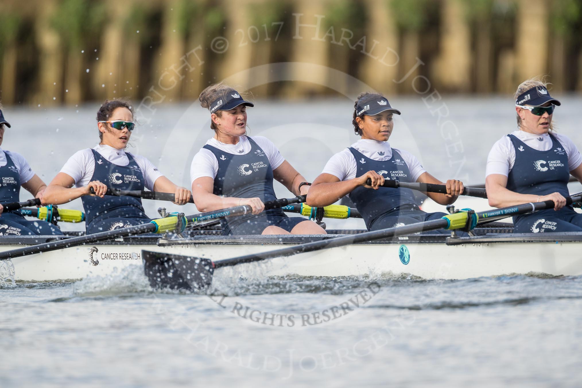 The Cancer Research UK Boat Race season 2017 - Women's Boat Race Fixture OUWBC vs Molesey BC: The OUWBC boat, here 5 Chloe Laverack, 6 Harriet Austin, 7 Jenna Hebert, stroke Emily Cameron.
River Thames between Putney Bridge and Mortlake,
London SW15,

United Kingdom,
on 19 March 2017 at 16:04, image #74