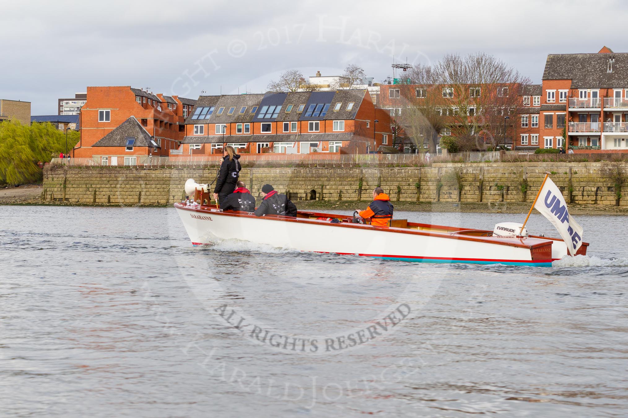 The Cancer Research UK Boat Race season 2017 - Women's Boat Race Fixture OUWBC vs Molesey BC: Umpire Sarah Winckless following the boats in the umpire's launch Sarahanne.
River Thames between Putney Bridge and Mortlake,
London SW15,

United Kingdom,
on 19 March 2017 at 16:05, image #81