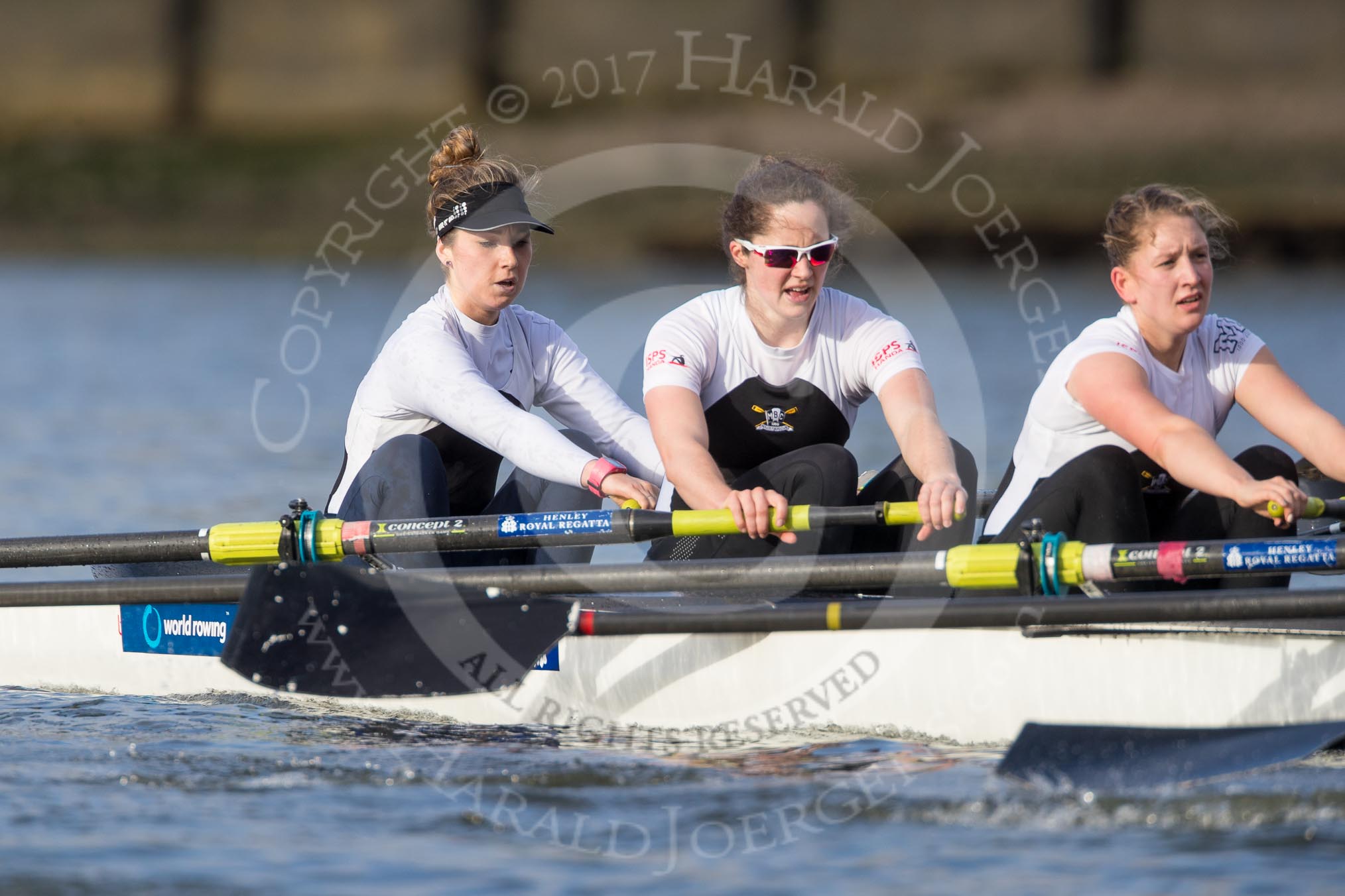 The Cancer Research UK Boat Race season 2017 - Women's Boat Race Fixture OUWBC vs Molesey BC: The Molesey boat, here bow Emma McDonald, 2 Caitlin Boyland, 3 Lucy Primmer.
River Thames between Putney Bridge and Mortlake,
London SW15,

United Kingdom,
on 19 March 2017 at 16:05, image #87