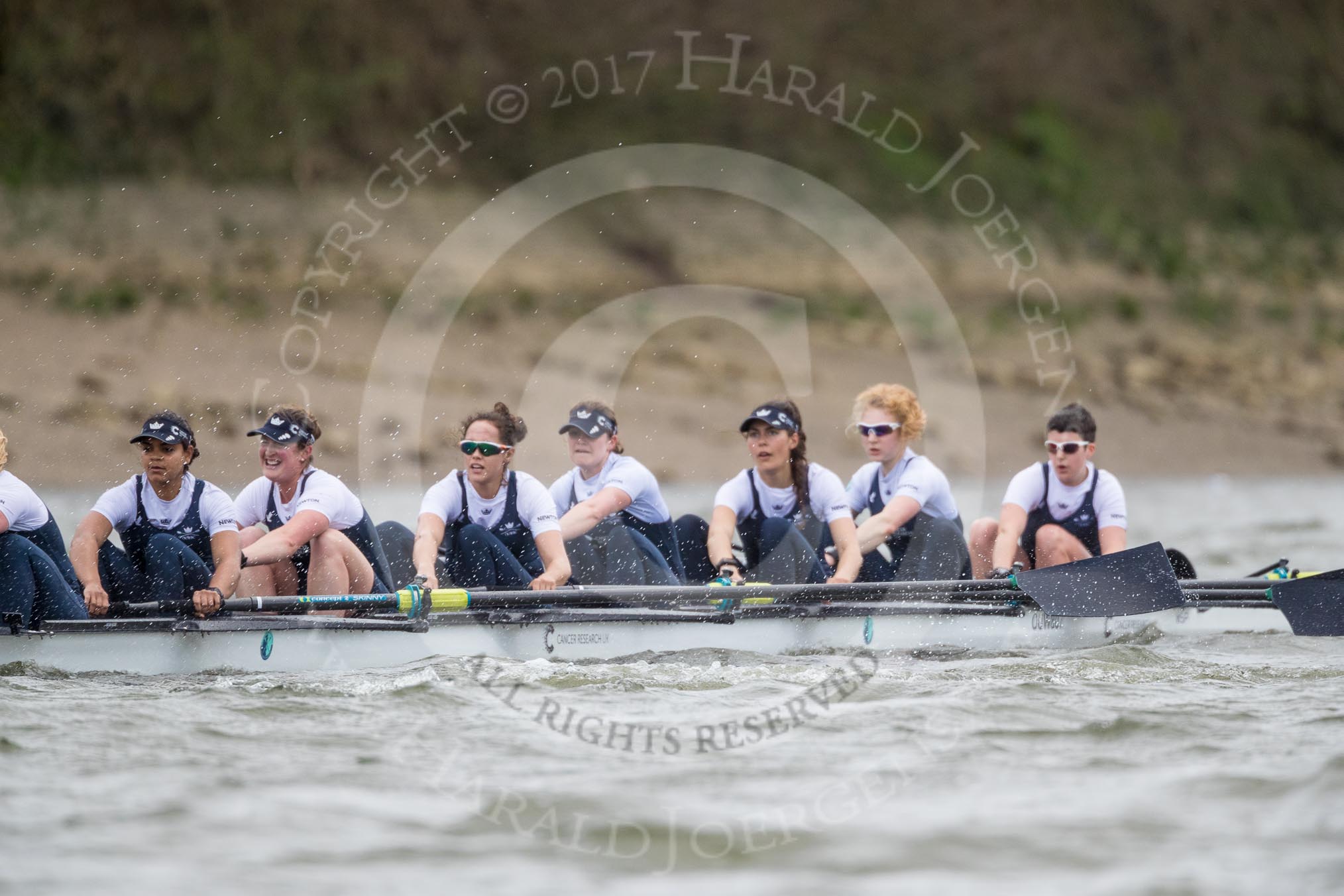 The Cancer Research UK Boat Race season 2017 - Women's Boat Race Fixture OUWBC vs Molesey BC: OUWBC extending their lead in the Bandstand area - 7 Jenna Hebert, 6 Harriet Austin, 5 Chloe Laverack,  4 Rebecca Esselstein,  3 Rebecca Te Water Naude, 2 Beth Bridgman, bow Alice Roberts.
River Thames between Putney Bridge and Mortlake,
London SW15,

United Kingdom,
on 19 March 2017 at 16:11, image #119