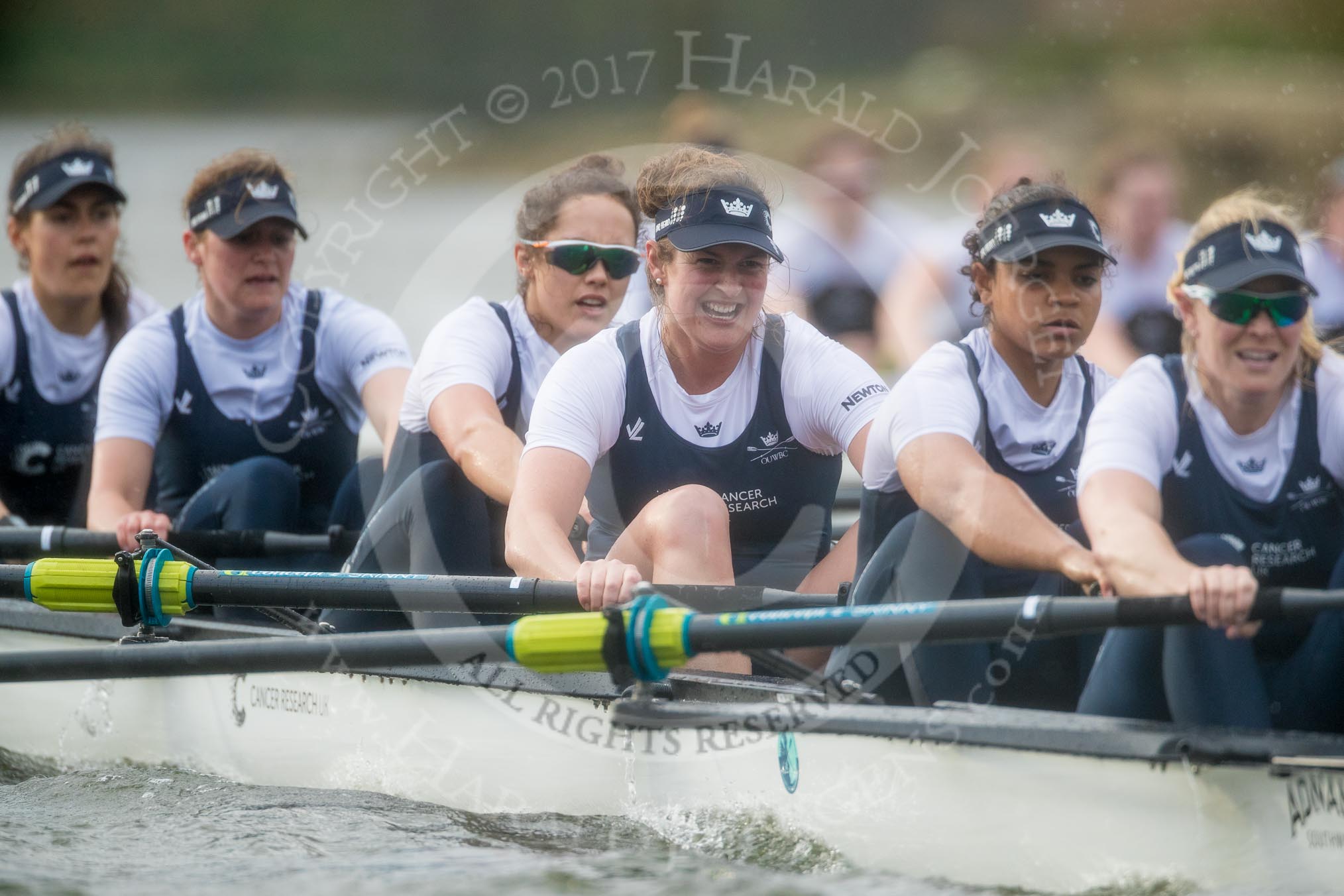 The Cancer Research UK Boat Race season 2017 - Women's Boat Race Fixture OUWBC vs Molesey BC: OUWBC working hard to catch up with Molesy - 3 Rebecca Te Water Naude, 4 Rebecca Esselstein, 5 Chloe Laverack, 6 Harriet Austin, 7 Jenna Hebert, stroke Emily Cameron.
River Thames between Putney Bridge and Mortlake,
London SW15,

United Kingdom,
on 19 March 2017 at 16:25, image #157