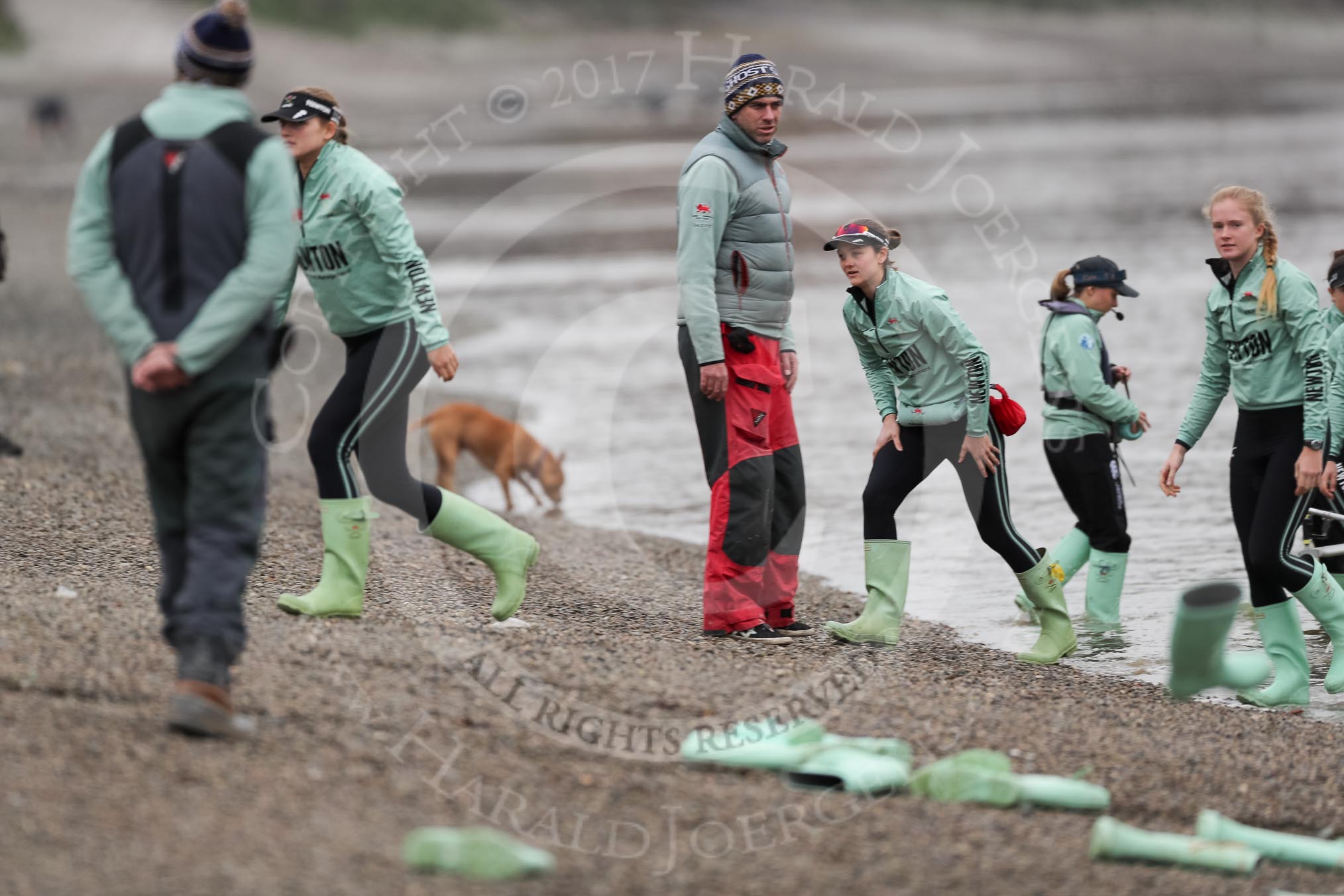 The Boat Race season 2018 - Women's Boat Race Trial Eights (CUWBC, Cambridge): The crew of Wingardium Leviosa about to getting the boat ready.
River Thames between Putney Bridge and Mortlake,
London SW15,

United Kingdom,
on 05 December 2017 at 12:00, image #5