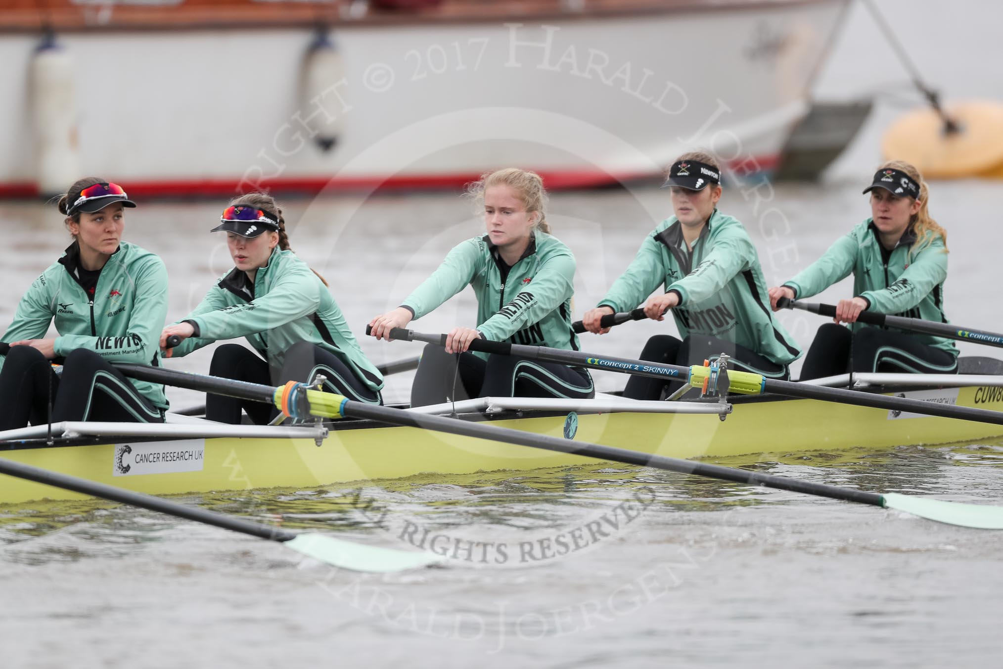 The Boat Race season 2018 - Women's Boat Race Trial Eights (CUWBC, Cambridge): Wingardium Leviosa with 5-Tricia Smith, 4-Emma Andrews, 3-Pippa Darkin, 2-Sarah Carlotti, bow-Lucy Pike.
River Thames between Putney Bridge and Mortlake,
London SW15,

United Kingdom,
on 05 December 2017 at 12:04, image #25