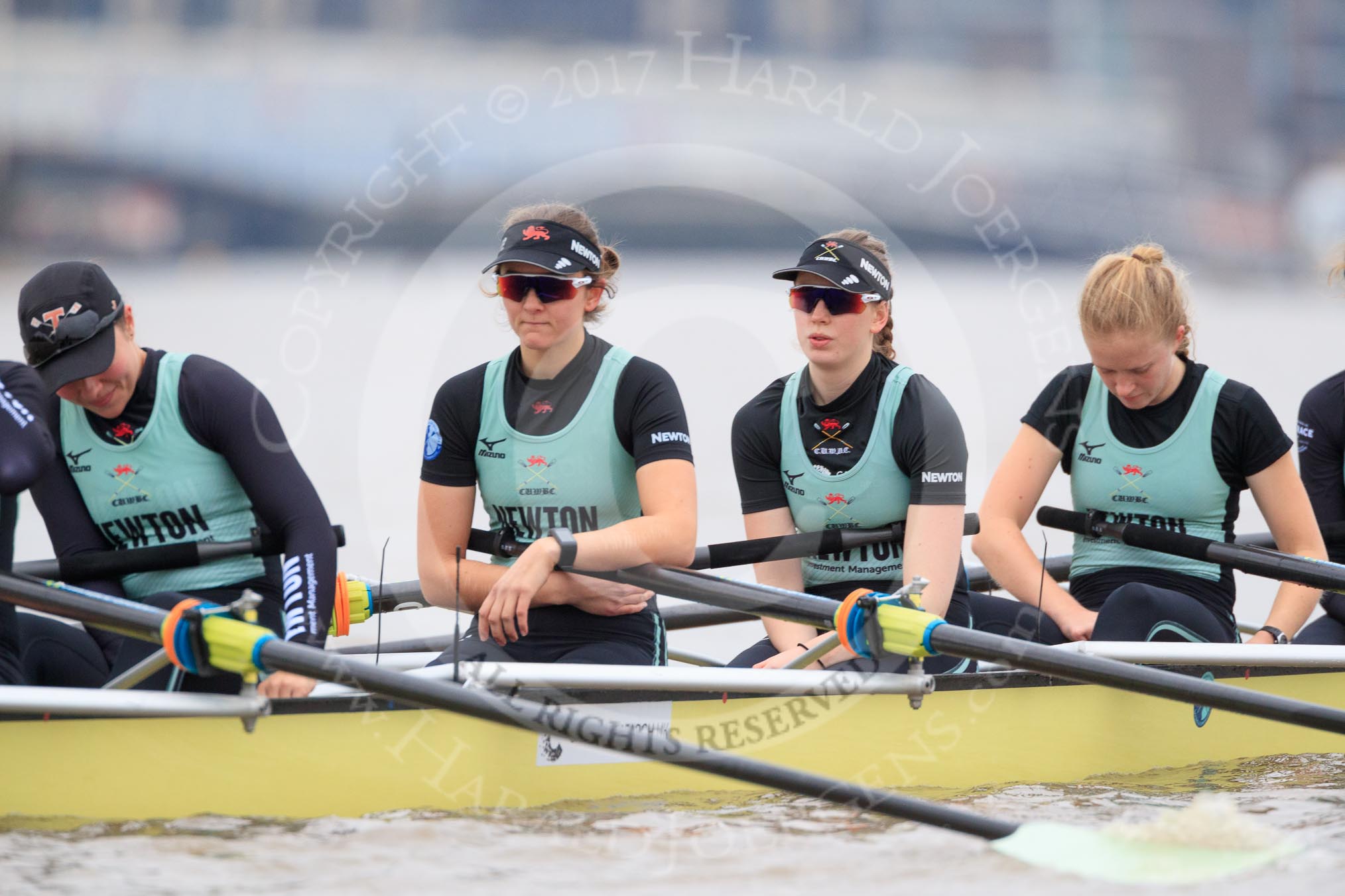 The Boat Race season 2018 - Women's Boat Race Trial Eights (CUWBC, Cambridge): Wingardium Leviosa:  6-Larkin Sayre, 5-Tricia Smith, 4-Emma Andrews, 3-Pippa Darkin.
River Thames between Putney Bridge and Mortlake,
London SW15,

United Kingdom,
on 05 December 2017 at 12:37, image #33