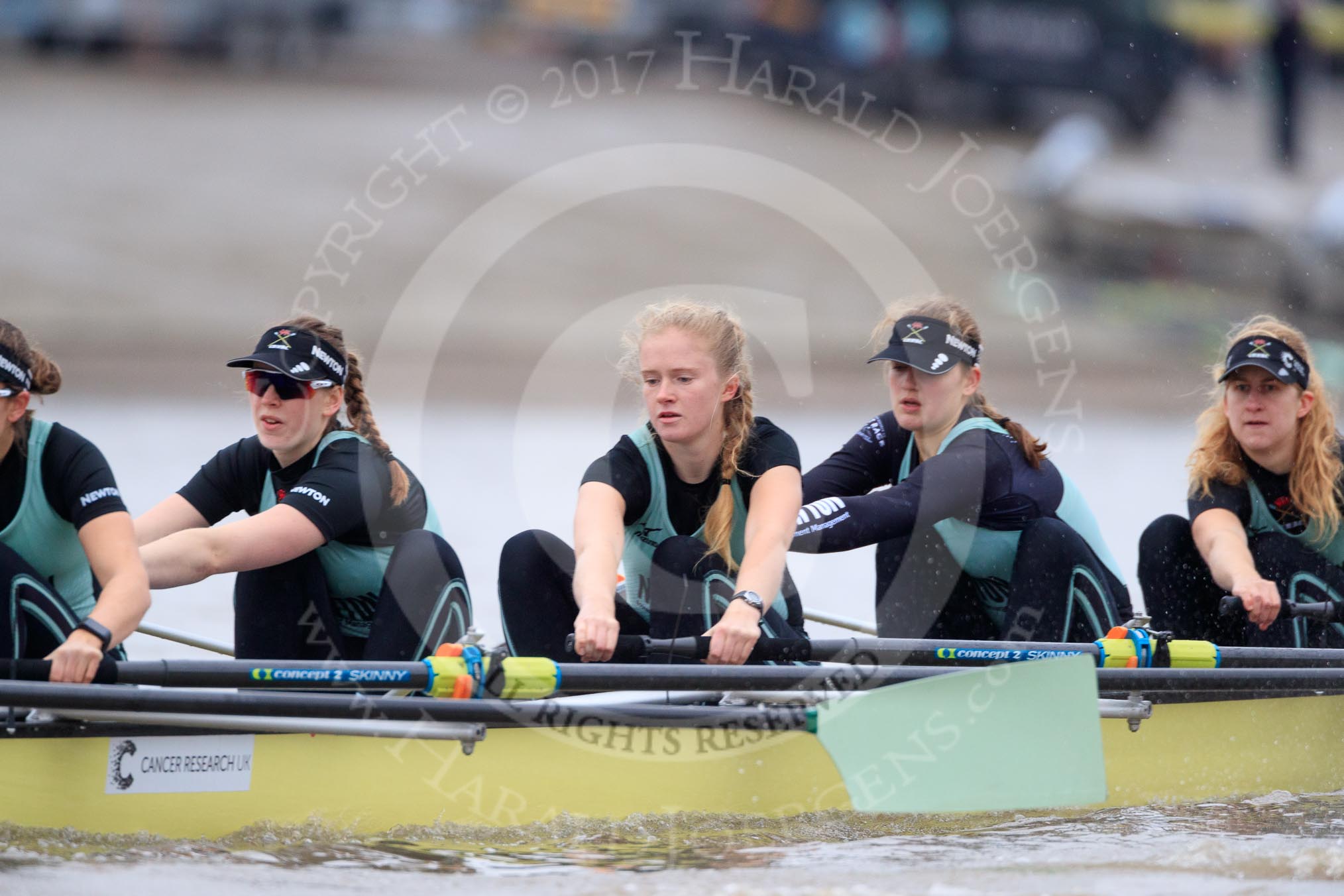 The Boat Race season 2018 - Women's Boat Race Trial Eights (CUWBC, Cambridge): Wingardium Leviosa near the Putney boathouses, here 5 Tricia Smith, 4 Emma Andrews, 3 Pippa Darkin, 2 Sarah Carlotti, bow Lucy Pike.
River Thames between Putney Bridge and Mortlake,
London SW15,

United Kingdom,
on 05 December 2017 at 12:43, image #59