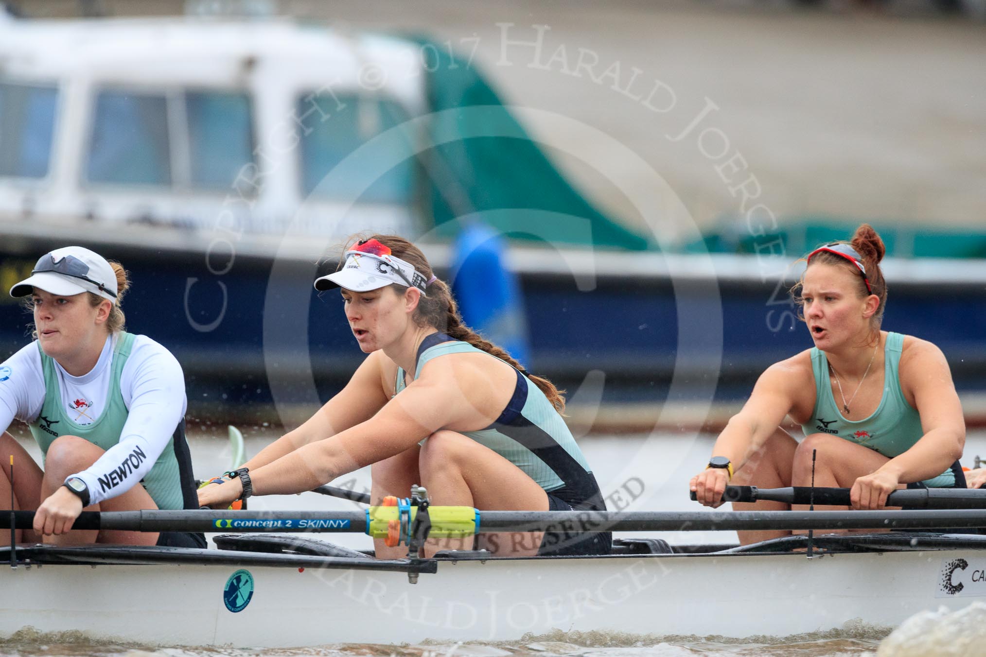 The Boat Race season 2018 - Women's Boat Race Trial Eights (CUWBC, Cambridge): Expecto Patronum near the Putney boathouses, here 7 Abigail Parker, 6 Thea Zabell, 5 Kelsey Barolak.
River Thames between Putney Bridge and Mortlake,
London SW15,

United Kingdom,
on 05 December 2017 at 12:44, image #63