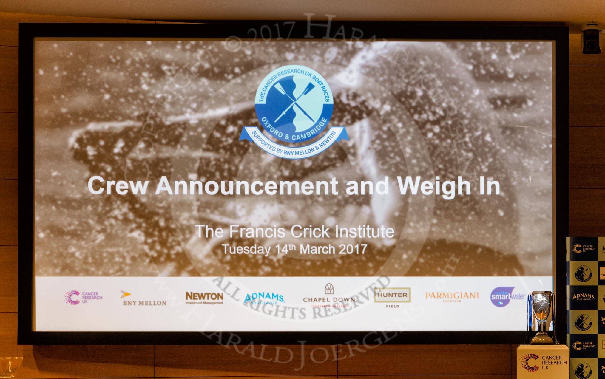 The Boat Race season 2017 - Crew Announcement and Weigh-In: On the right of the big screen is the Women's Boat Race trophy.
The Francis Crick Institute,
London NW1,

United Kingdom,
on 14 March 2017 at 11:06, image #3