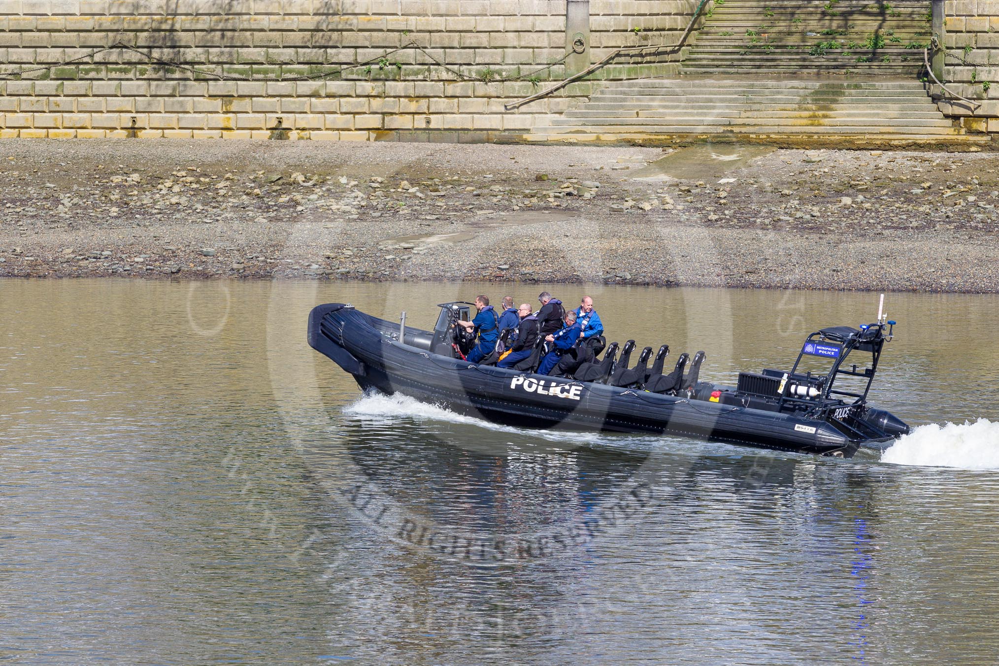 The Boat Race season 2017 -  The Cancer Research Women's Boat Race: A Metropolitan Police RIB patrolling the river at Putney on Boat Race day.
River Thames between Putney Bridge and Mortlake,
London SW15,

United Kingdom,
on 02 April 2017 at 14:19, image #13