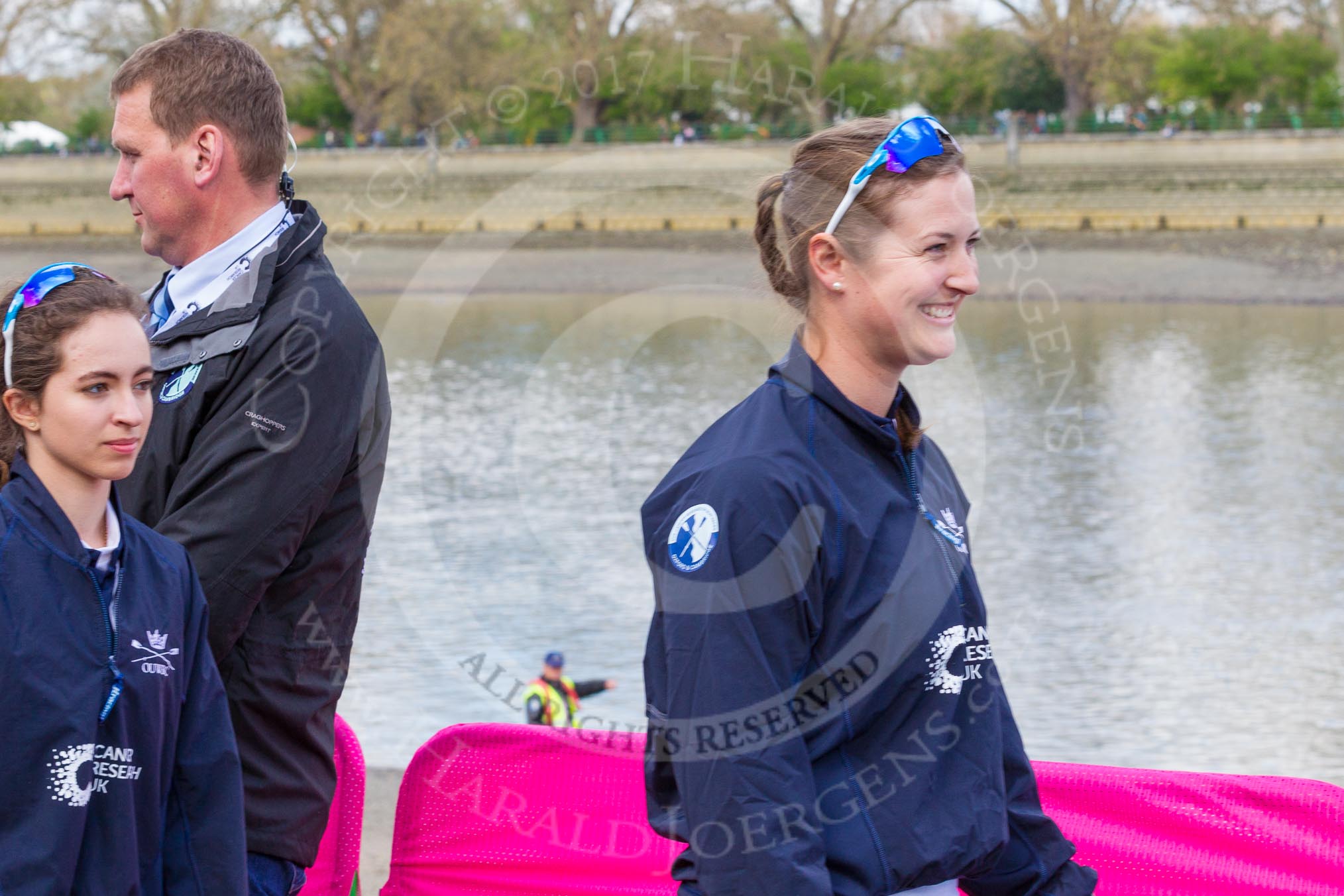 The Boat Race season 2017 -  The Cancer Research Women's Boat Race: OUWBC cox Eleanor Shearer and 6 seat Harriet Austin on the way to the toss for the Women's Boat Race.
River Thames between Putney Bridge and Mortlake,
London SW15,

United Kingdom,
on 02 April 2017 at 14:39, image #17