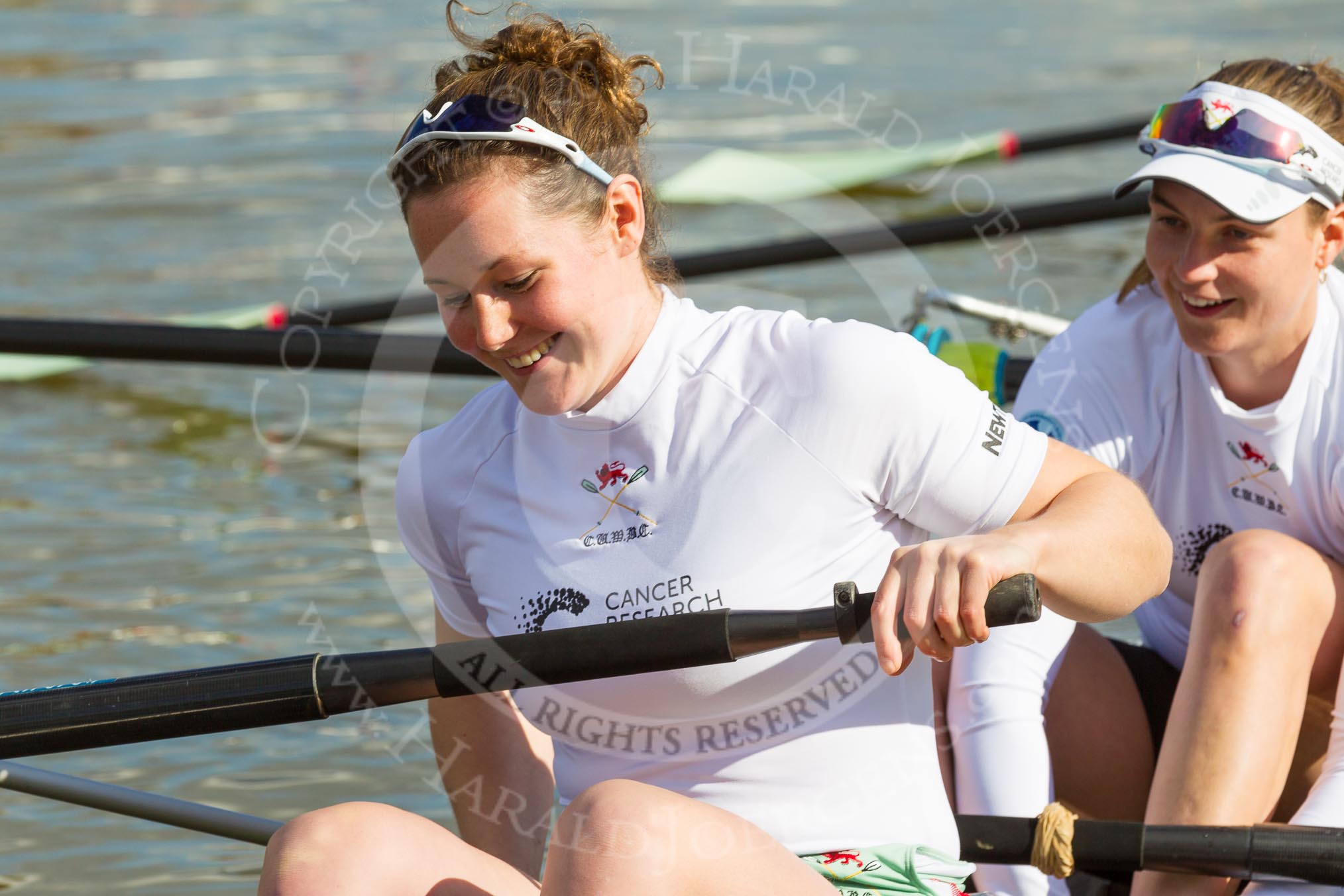 The Boat Race season 2017 -  The Cancer Research Women's Boat Race: CUWBC about to set off at Putney Embankment, here stroke Melissa Wilson, 7 Myriam Goudet.
River Thames between Putney Bridge and Mortlake,
London SW15,

United Kingdom,
on 02 April 2017 at 15:48, image #65