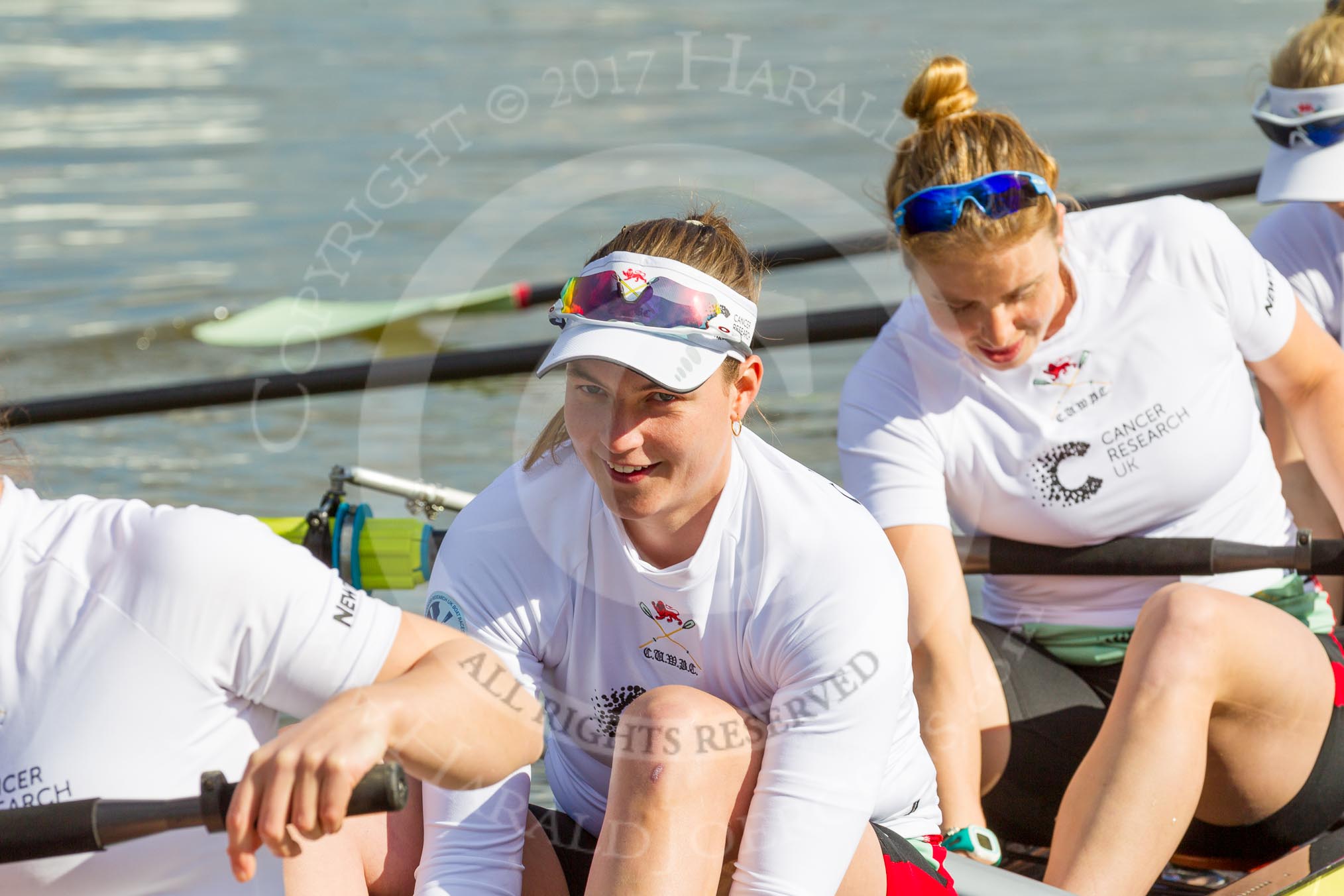 The Boat Race season 2017 -  The Cancer Research Women's Boat Race: CUWBC about to set off at Putney Embankment, here 7 Myriam Goudet, 6 Alice White.
River Thames between Putney Bridge and Mortlake,
London SW15,

United Kingdom,
on 02 April 2017 at 15:48, image #66