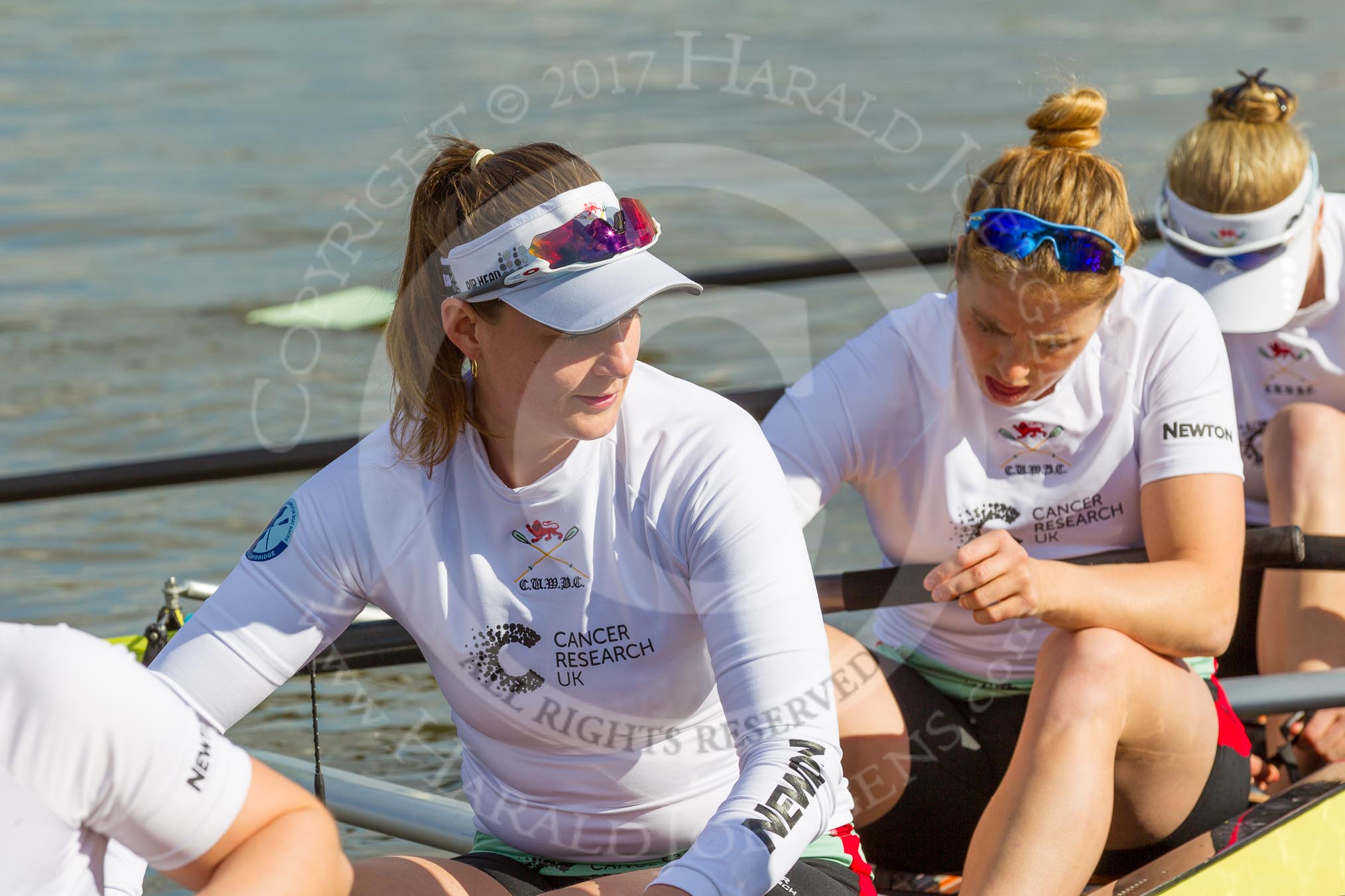 The Boat Race season 2017 -  The Cancer Research Women's Boat Race: CUWBC about to set off at Putney Embankment, here 7 Myriam Goudet, 6 Alice White, 5 Holly Hill.
River Thames between Putney Bridge and Mortlake,
London SW15,

United Kingdom,
on 02 April 2017 at 15:49, image #70