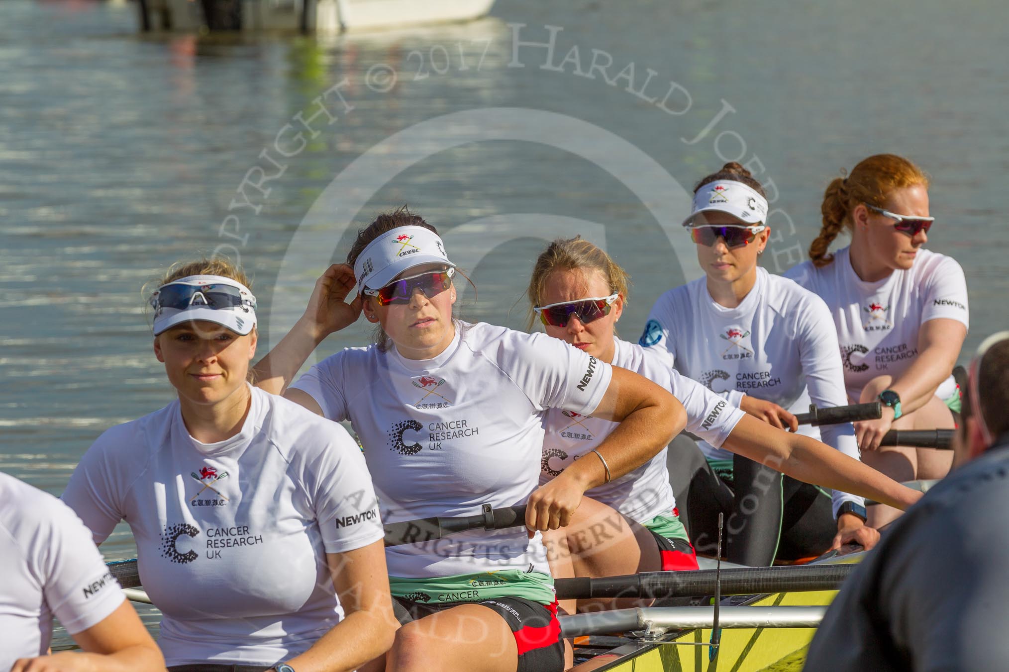 The Boat Race season 2017 -  The Cancer Research Women's Boat Race: CUWBC about to set off at Putney Embankment, here 5 Holly Hill, 4 Anna Dawson, 3 Claire Lambe, 2 Imogen Grant, bow Ashton Brown.
River Thames between Putney Bridge and Mortlake,
London SW15,

United Kingdom,
on 02 April 2017 at 15:49, image #72