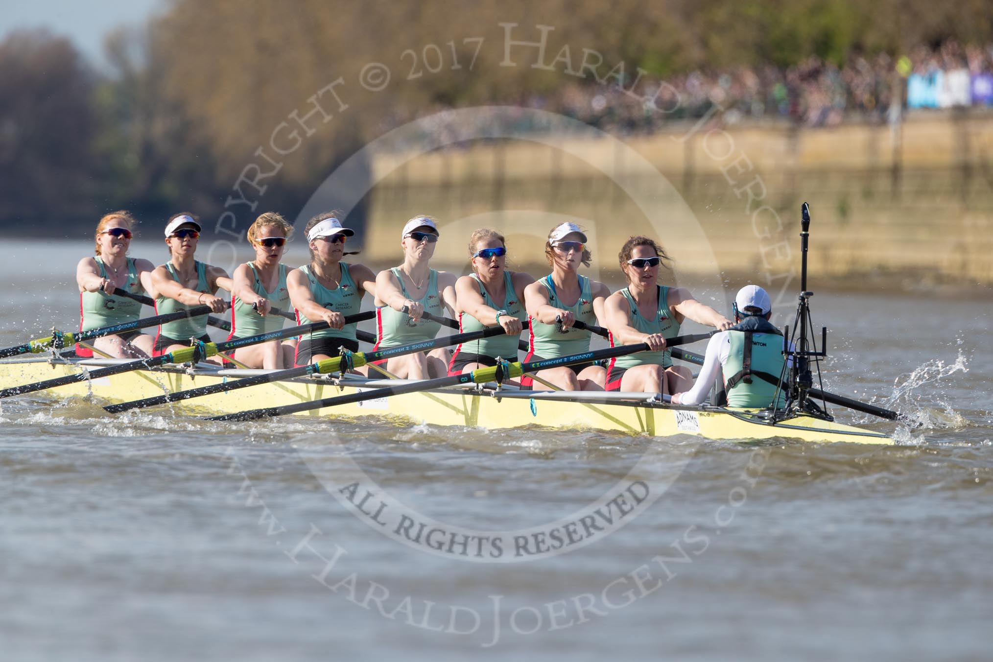 The Boat Race season 2017 -  The Cancer Research Women's Boat Race: The CUWBC Blue Boat at the start of the Women's Boat Race - bow Ashton Brown, 2 Imogen Grant, 3 Claire Lambe, 4 Anna Dawson, 5 Holly Hill, 6 Alice White, 7 Myriam Goudet, stroke Melissa Wilson, cox Matthew Holland.
River Thames between Putney Bridge and Mortlake,
London SW15,

United Kingdom,
on 02 April 2017 at 16:35, image #122