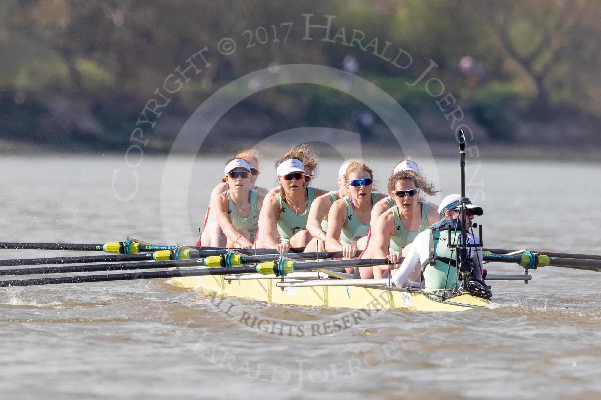 The Boat Race season 2017 -  The Cancer Research Women's Boat Race: CUWBC with a comfortable lead (bow Ashton Brown, 2 Imogen Grant, 3 Claire Lambe, 4 Anna Dawson, 5 Holly Hill, 6 Alice White, 7 Myriam Goudet, stroke Melissa Wilson) cox Matthew Holland looking back to the Oxford boat.
River Thames between Putney Bridge and Mortlake,
London SW15,

United Kingdom,
on 02 April 2017 at 16:36, image #134