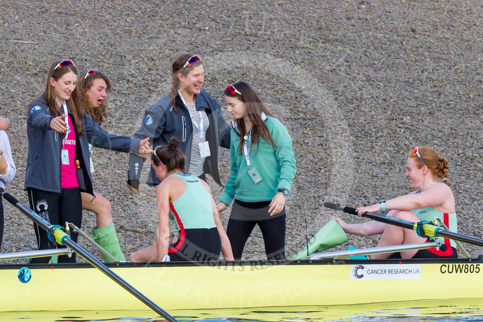 The Boat Race season 2017 -  The Cancer Research Women's Boat Race: CUWBC acelebrating after having won the Women's Boat Race.
River Thames between Putney Bridge and Mortlake,
London SW15,

United Kingdom,
on 02 April 2017 at 16:58, image #201