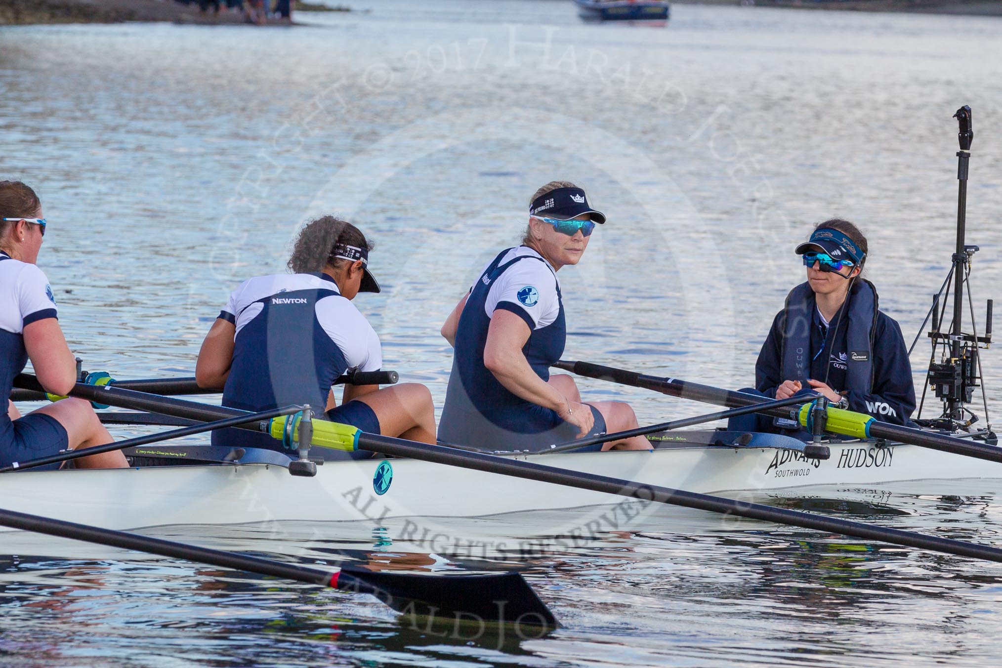 The Boat Race season 2017 -  The Cancer Research Women's Boat Race: OUWBC at the finish line, here 6 Harriet Austin, 7 Jenna Hebert, stroke Emily Cameron, cox Eleanor Shearer.
River Thames between Putney Bridge and Mortlake,
London SW15,

United Kingdom,
on 02 April 2017 at 16:58, image #204