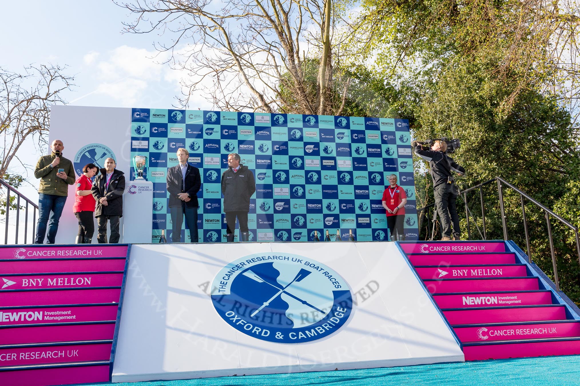 The Boat Race season 2017 -  The Cancer Research Women's Boat Race: The scene is set for the price giving at Mortlake.
River Thames between Putney Bridge and Mortlake,
London SW15,

United Kingdom,
on 02 April 2017 at 17:08, image #213