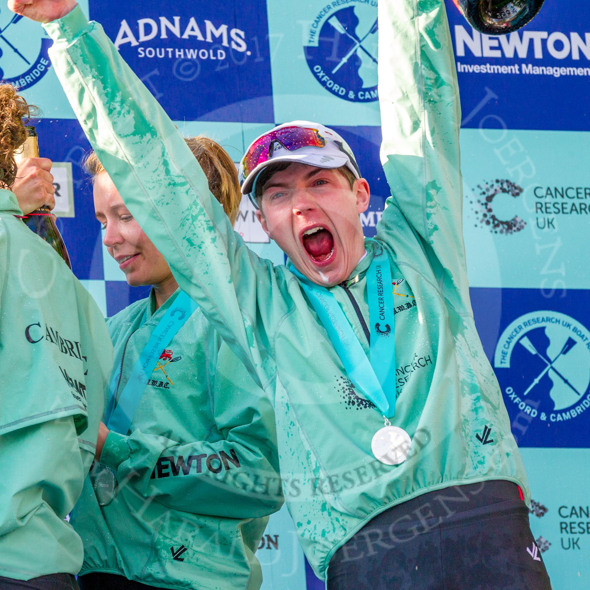 The Boat Race season 2017 -  The Cancer Research Women's Boat Race: Jubilant CUWBC cox Matthew Holland at the price giving.
River Thames between Putney Bridge and Mortlake,
London SW15,

United Kingdom,
on 02 April 2017 at 17:13, image #285