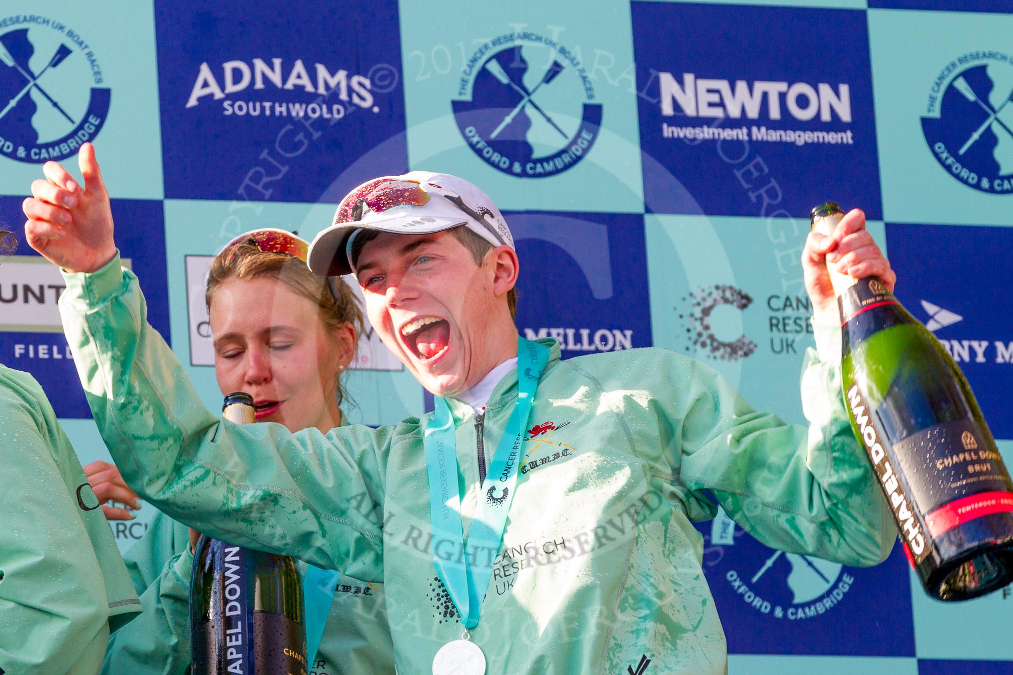 The Boat Race season 2017 -  The Cancer Research Women's Boat Race: Jubilant CUWBC cox Matthew Holland at the price giving.
River Thames between Putney Bridge and Mortlake,
London SW15,

United Kingdom,
on 02 April 2017 at 17:13, image #287