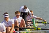 The Boat Race season 2017 -  The Cancer Research Women's Boat Race: CUWBC about to set off at Putney Embankment, here 4 Anna Dawson, 3 Claire Lambe, 2 Imogen Grant, bow Ashton Brown.
River Thames between Putney Bridge and Mortlake,
London SW15,

United Kingdom,
on 02 April 2017 at 15:49, image #68