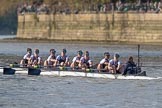 The Boat Race season 2017 -  The Cancer Research Women's Boat Race: OUWBC approaching Putney Bridge before the start of the Women's Boat Race - bow Alice Roberts, 2 Flo Pickles, 3 Rebecca Te Water Naudé, 4 Rebecca Esselstein, 5 Chloe Laverack, 6 Harriet Austin, 7 Jenna Hebert, stroke Emily Cameron, cox Eleanor Shearer.
River Thames between Putney Bridge and Mortlake,
London SW15,

United Kingdom,
on 02 April 2017 at 16:25, image #103