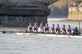 The Boat Race season 2017 -  The Cancer Research Women's Boat Race: OUWBC approaching Putney Bridge before the start of the Women's Boat Race - bow Alice Roberts, 2 Flo Pickles, 3 Rebecca Te Water Naudé, 4 Rebecca Esselstein, 5 Chloe Laverack, 6 Harriet Austin, 7 Jenna Hebert, stroke Emily Cameron, cox Eleanor Shearer.
River Thames between Putney Bridge and Mortlake,
London SW15,

United Kingdom,
on 02 April 2017 at 16:25, image #104
