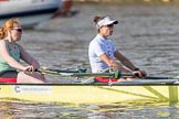 The Boat Race season 2017 -  The Cancer Research Women's Boat Race: CUWBC about to reach the start of the Women's Boat Race, here bow Ashton Brown, 2 Imogen Grant.
River Thames between Putney Bridge and Mortlake,
London SW15,

United Kingdom,
on 02 April 2017 at 16:25, image #105