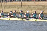 The Boat Race season 2017 -  The Cancer Research Women's Boat Race: The CUWBC eight at the stake boat, here bow Ashton Brown, 2 Imogen Grant, 3 Claire Lambe, 4 Anna Dawson, 5 Holly Hill, 6 Alice White, 7 Myriam Goudet.
River Thames between Putney Bridge and Mortlake,
London SW15,

United Kingdom,
on 02 April 2017 at 16:29, image #113