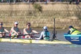 The Boat Race season 2017 -  The Cancer Research Women's Boat Race: The Cambridge Eight ready for the start at the stake boat, here 6 Alice White, 7 Myriam Goudet, stroke Melissa Wilson, cox Matthew Holland.
River Thames between Putney Bridge and Mortlake,
London SW15,

United Kingdom,
on 02 April 2017 at 16:35, image #119
