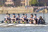 The Boat Race season 2017 -  The Cancer Research Women's Boat Race: OUWBC working hard to catch up with Cambridge, here bow Alice Roberts, 2 Flo Pickles, 3 Rebecca Te Water Naudé, 4 Rebecca Esselstein, 5 Chloe Laverack, 6 Harriet Austin, 7 Jenna Hebert, stroke Emily Cameron, cox Eleanor Shearer.
River Thames between Putney Bridge and Mortlake,
London SW15,

United Kingdom,
on 02 April 2017 at 16:38, image #140