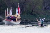 The Boat Race season 2017 -  The Cancer Research Women's Boat Race: Cambridge has won the Women's Boat Race, with jubilant cox Matthew Holland. On the left the Royal Barge Gloriana.
River Thames between Putney Bridge and Mortlake,
London SW15,

United Kingdom,
on 02 April 2017 at 16:54, image #181