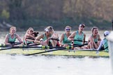 The Boat Race season 2017 -  The Cancer Research Women's Boat Race: Cambridge has won the Women's Boat Race, with a jubilant crew - bow Ashton Brown, 2 Imogen Grant, 3 Claire Lambe, 4 Anna Dawson, 5 Holly Hill, 6 Alice White, 7 Myriam Goudet, stroke Melissa Wilson, cox Matthew Holland.
River Thames between Putney Bridge and Mortlake,
London SW15,

United Kingdom,
on 02 April 2017 at 16:55, image #191