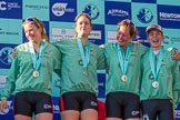The Boat Race season 2017 -  The Cancer Research Women's Boat Race: CUWBC's 6 Alice White, 7 Myriam Goudet, stroke Melissa Wilson, and cox Matthew Holland at the Boat Race price giving.
River Thames between Putney Bridge and Mortlake,
London SW15,

United Kingdom,
on 02 April 2017 at 17:11, image #226