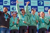 The Boat Race season 2017 -  The Cancer Research Women's Boat Race: A jubilant CUWBC crew at the price giving, on the left their head coach Rob Barker.
River Thames between Putney Bridge and Mortlake,
London SW15,

United Kingdom,
on 02 April 2017 at 17:11, image #231
