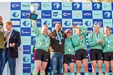 The Boat Race season 2017 -  The Cancer Research Women's Boat Race: A jubilant Ashton Brown with the Women's Boat Race trophy at the price giving.
River Thames between Putney Bridge and Mortlake,
London SW15,

United Kingdom,
on 02 April 2017 at 17:11, image #239