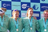 The Boat Race season 2017 -  The Cancer Research Women's Boat Race: CUWBC at the price giving - 5 seat Holly Hill, 6 seat Alice White, 7 seat Myriam Goudet, and stroke Melissa Wilson.
River Thames between Putney Bridge and Mortlake,
London SW15,

United Kingdom,
on 02 April 2017 at 17:12, image #244