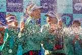 The Boat Race season 2017 -  The Cancer Research Women's Boat Race: CUWBC covered in spray (Cahmpagne, not Thames water) at the price giving.
River Thames between Putney Bridge and Mortlake,
London SW15,

United Kingdom,
on 02 April 2017 at 17:13, image #267