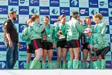 The Boat Race season 2017 -  The Cancer Research Women's Boat Race: CUWBC with the Womwn's Boat Race trophy at the price giving - head coach Rob Baker, bow Ashton Brown, 2 Imogen Grant, 6 Alice White, 7 Myriam Goudet, and on the right stroke Melissa Wilson and 4 Anna Dawson.
River Thames between Putney Bridge and Mortlake,
London SW15,

United Kingdom,
on 02 April 2017 at 17:13, image #295