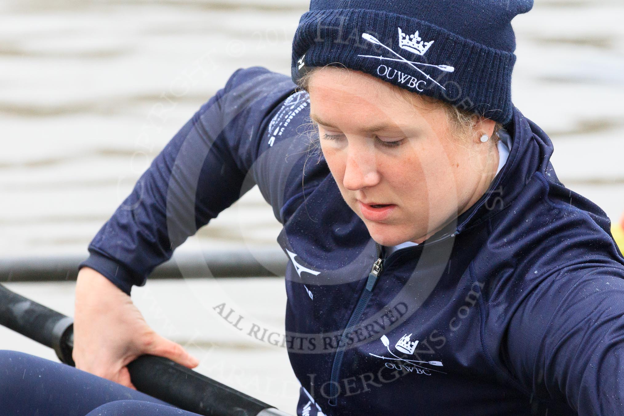 The Boat Race season 2018 - Women's Boat Race Trial Eights (OUWBC, Oxford): Close-up of "Coursing River" 5 seat Morgan McGovern.
River Thames between Putney Bridge and Mortlake,
London SW15,

United Kingdom,
on 21 January 2018 at 13:47, image #5