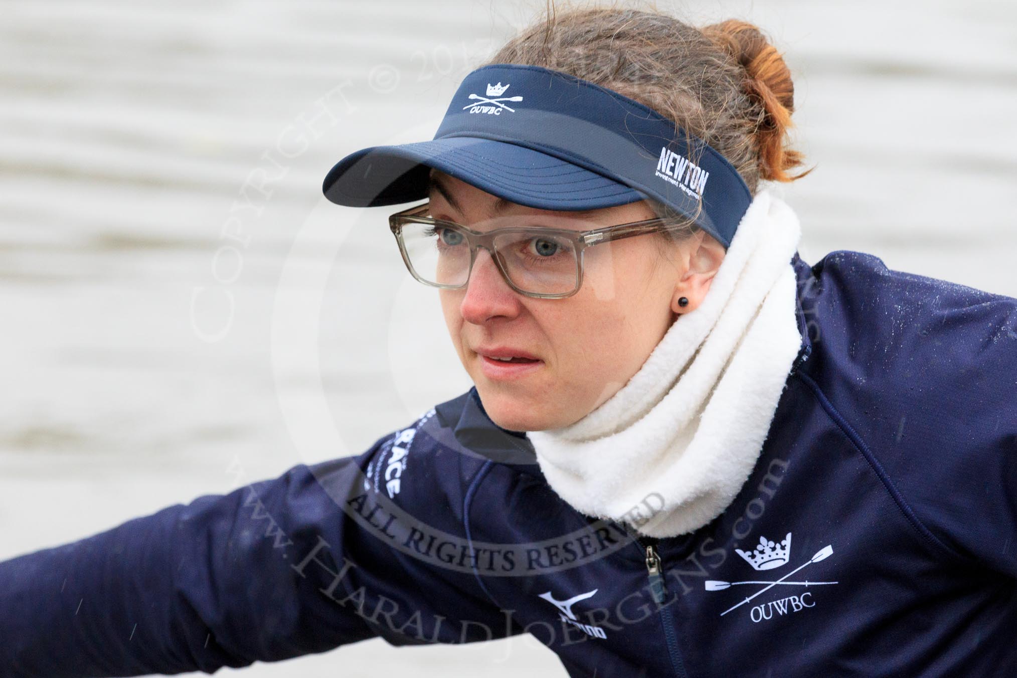 The Boat Race season 2018 - Women's Boat Race Trial Eights (OUWBC, Oxford): Close-up of "Coursing River" 6 seat Katherine Erickson.
River Thames between Putney Bridge and Mortlake,
London SW15,

United Kingdom,
on 21 January 2018 at 13:48, image #6